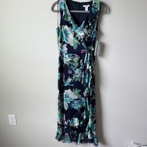 London Times Navy Floral Sleeveless Wrap Maxi Dress size 8 NWT